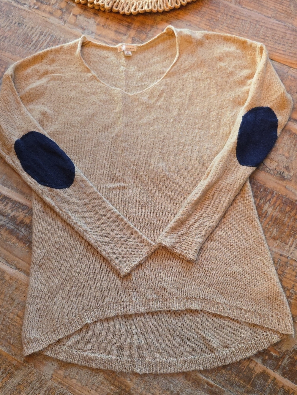 GAP Camel V-Neck Sweater with Navy Elbow Patches